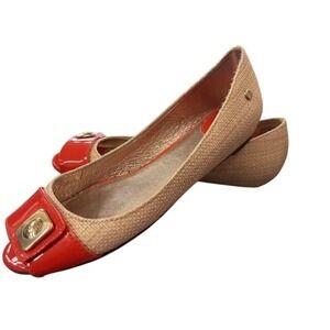Sebago Arielle Red Patent Leather Woven Raffia Peep Toe Flats  9 B400051